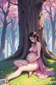 A pregnant woman sitting under a tree in a park.